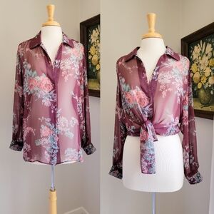 90s Sheer Floral Long Sleeve Button Down 1990s Vintage Laura Ashley Blouse